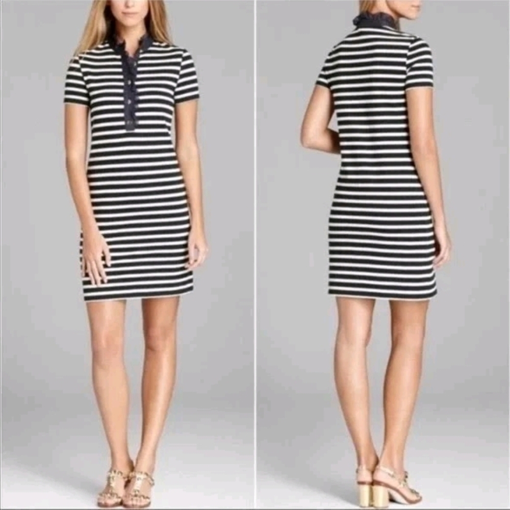 Tory Burch  LIDIA Navy Cream Striped T-Shirt Polo Dress w Ruffle Trim Size Large